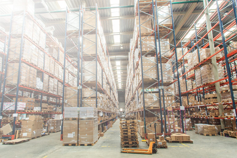 Warehouse racking in a logistics centre