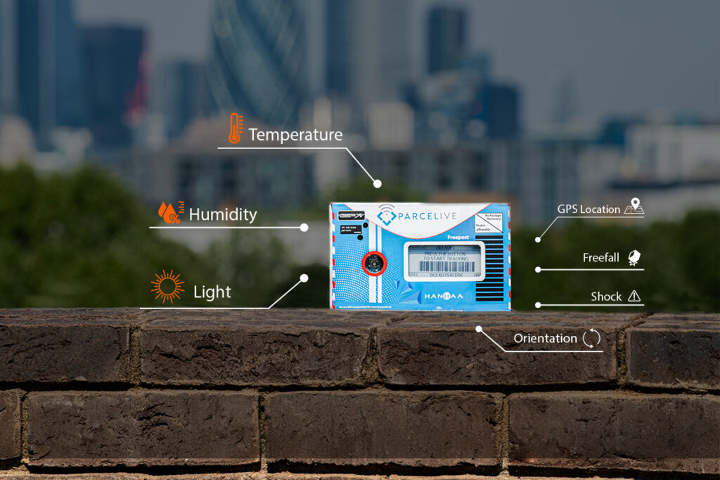 ParceLive tracker monitoring temperature, humidity, light and shock