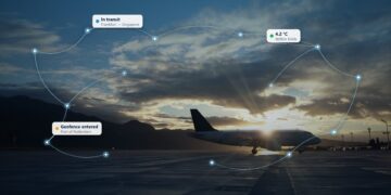 Aircraft on a runway at sunset with live tracking routes, a temperature reading and a geofence alert overlaid