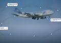 Cargo aircraft in flight with airline-approved GPS tracker alerts for approval, cargo hold temperature and landing overlaid