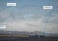 Lorry on an open road with cargo theft alerts for a package opened, off-route movement and shock overlaid