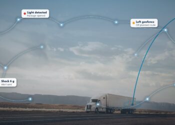 Lorry on an open road with cargo theft alerts for a package opened, off-route movement and shock overlaid