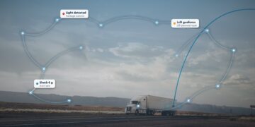 Lorry on an open road with cargo theft alerts for a package opened, off-route movement and shock overlaid